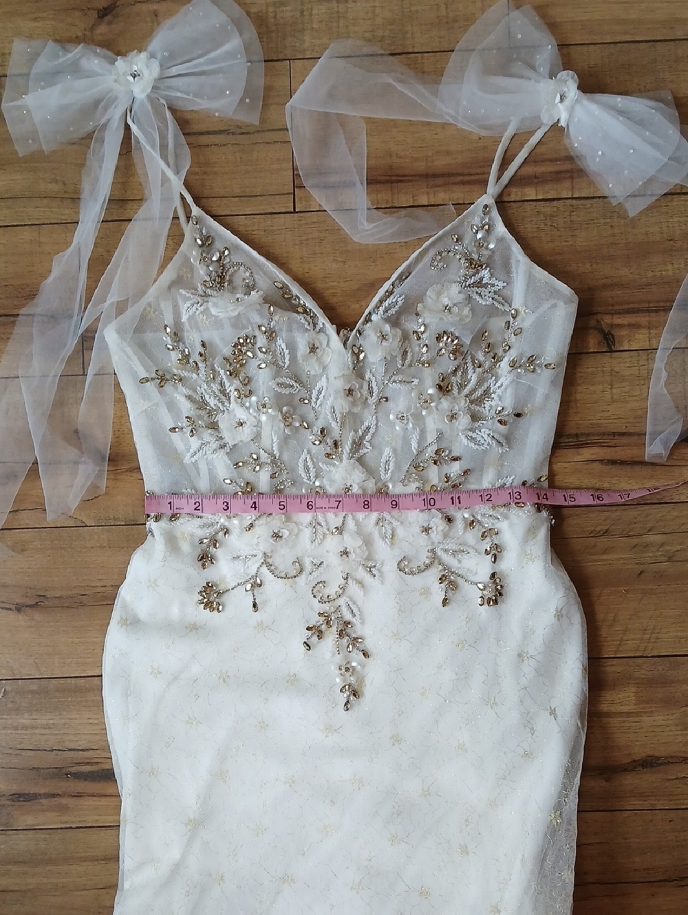 Mac Duggal White And Gold Crystals Tulle Bridal Mermaid Gown with Bow Straps - Picture 16 of 16